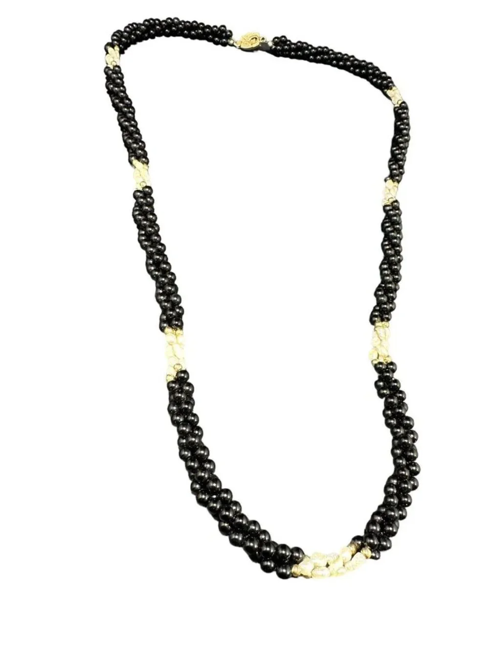 Vintage Necklace Gold Filled Freshwater Pearl And Black Onyx Three Strand Beads